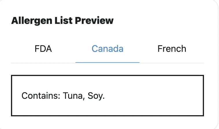 Canada allergen list preview showing a Contains statement for tuna and soy.