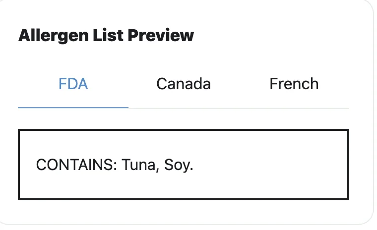 FDA allergen list preview showing a CONTAINS statement for tuna and soy.