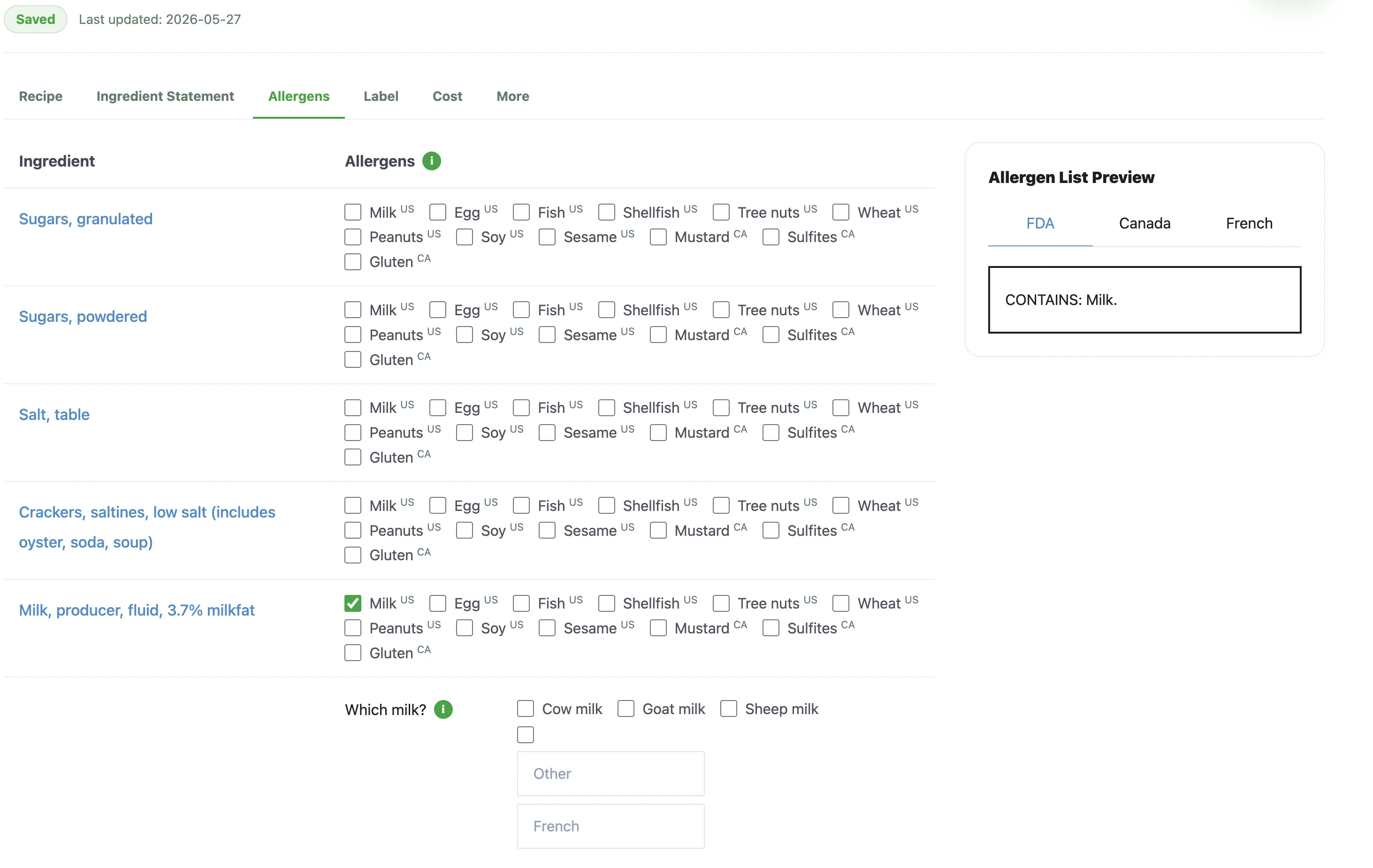 Workspace allergen editor showing ingredient-level allergen selections and an allergen list preview.