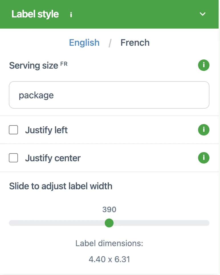 Canadian label style settings showing English and French serving wording and label width controls.