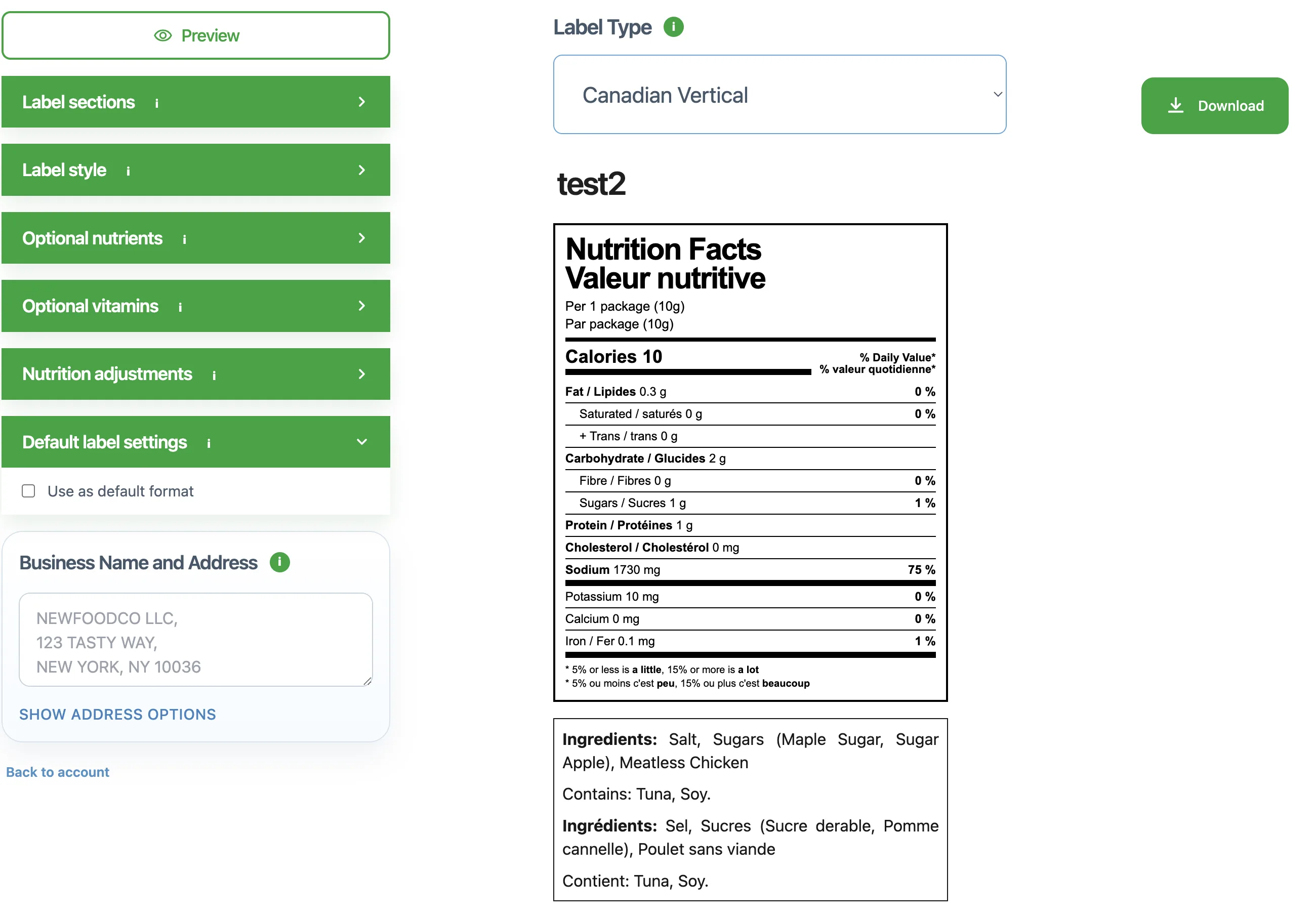 Workspace label editor showing Canadian Vertical selected with a bilingual Nutrition Facts table and supplement block preview.