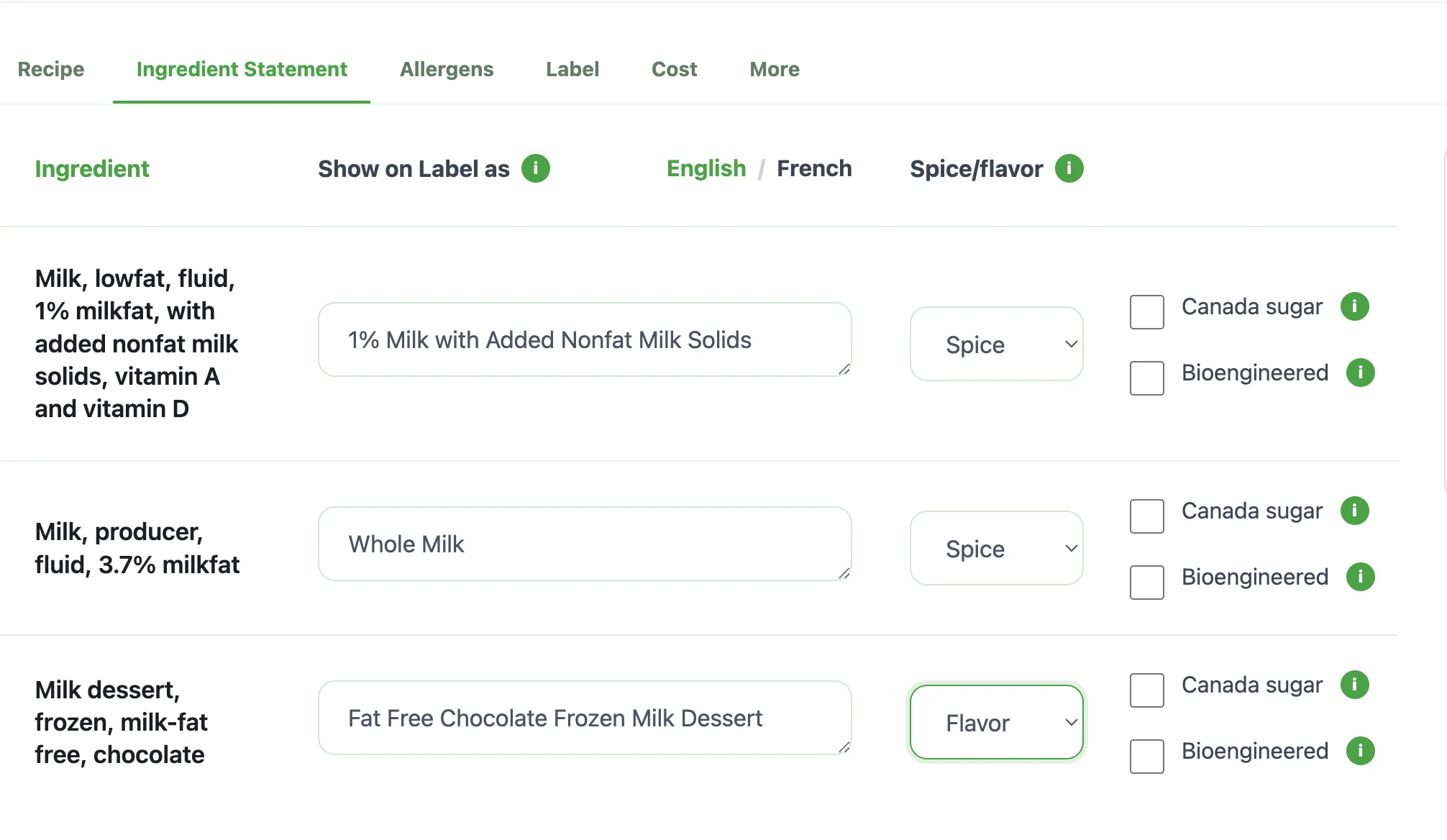 Workspace statement editor showing ingredient statement drafting near label-related workflow.
