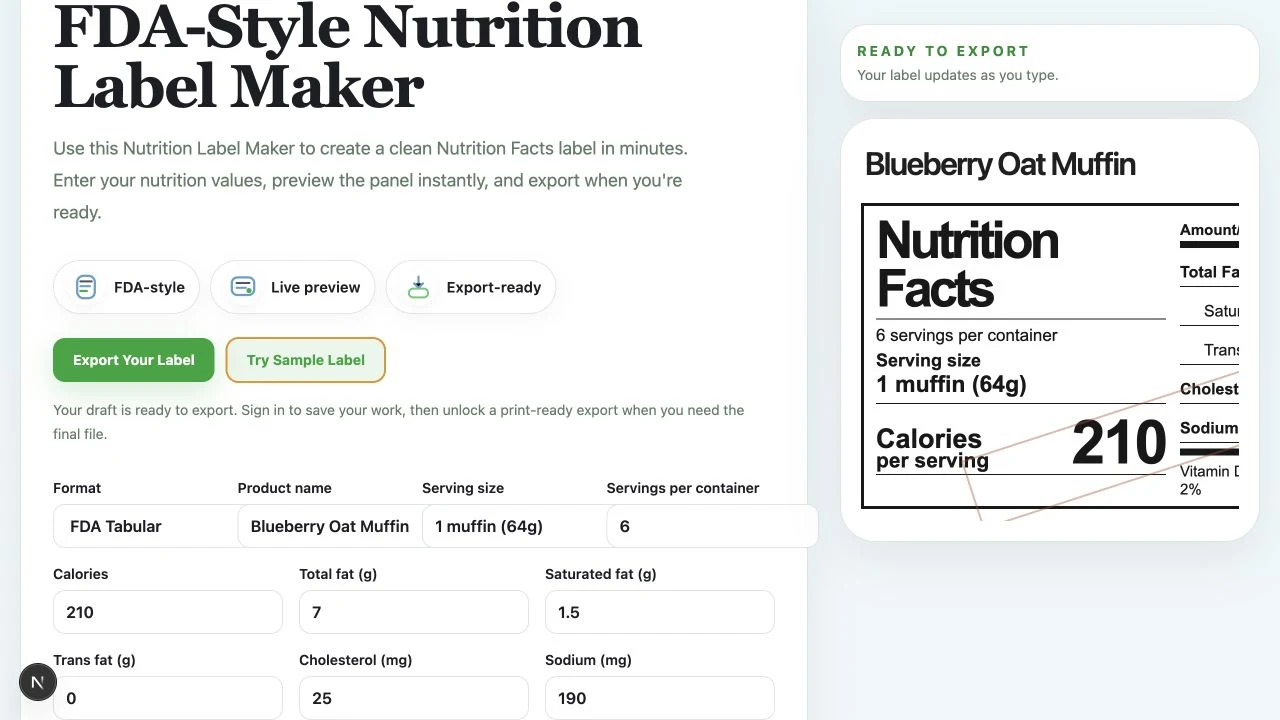 Free Nutrition Label Generator showing FDA Tabular selected for the same Blueberry Oat Muffin Nutrition Facts data.