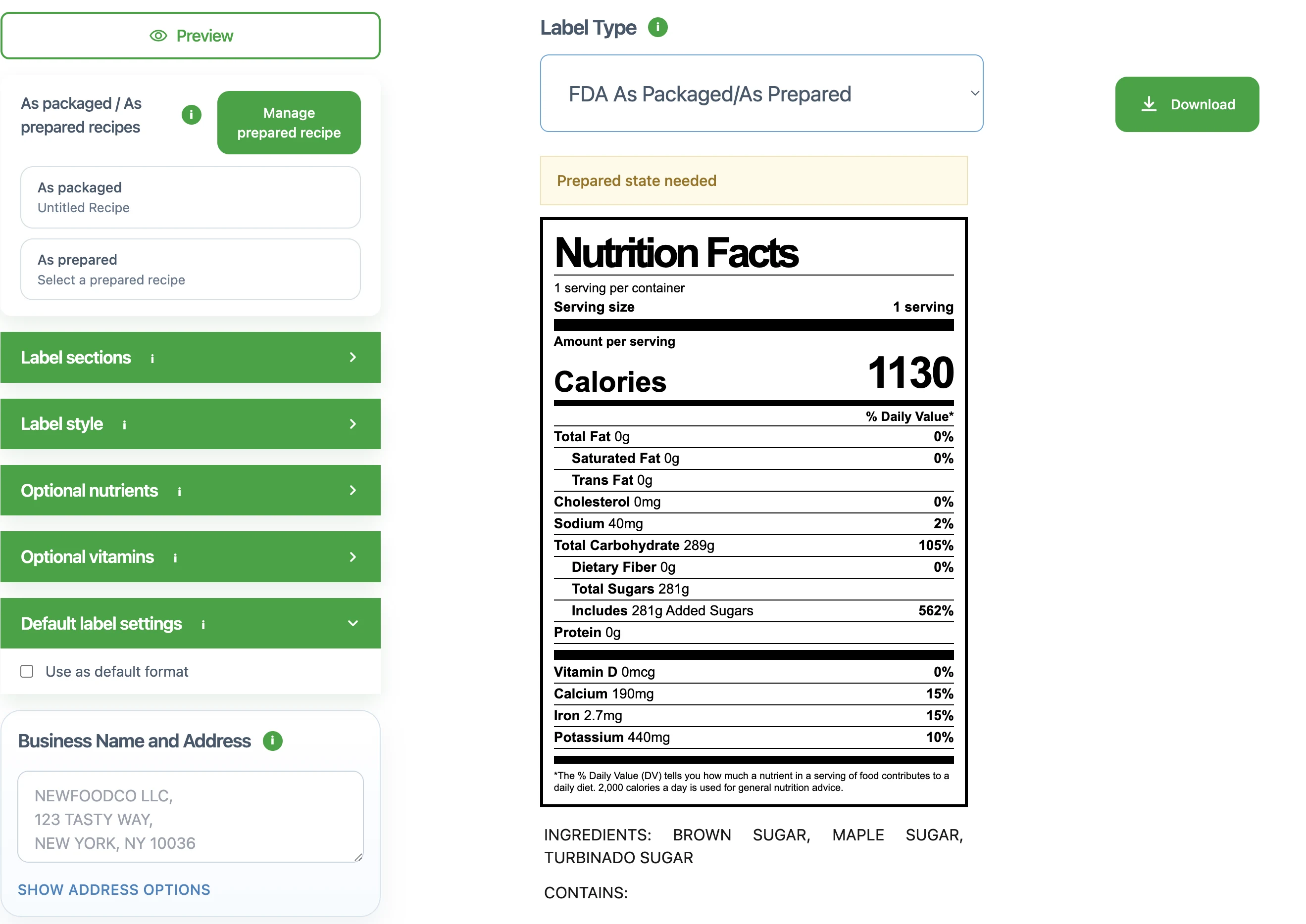 Label settings and Nutrition Facts preview shown together in the workspace.