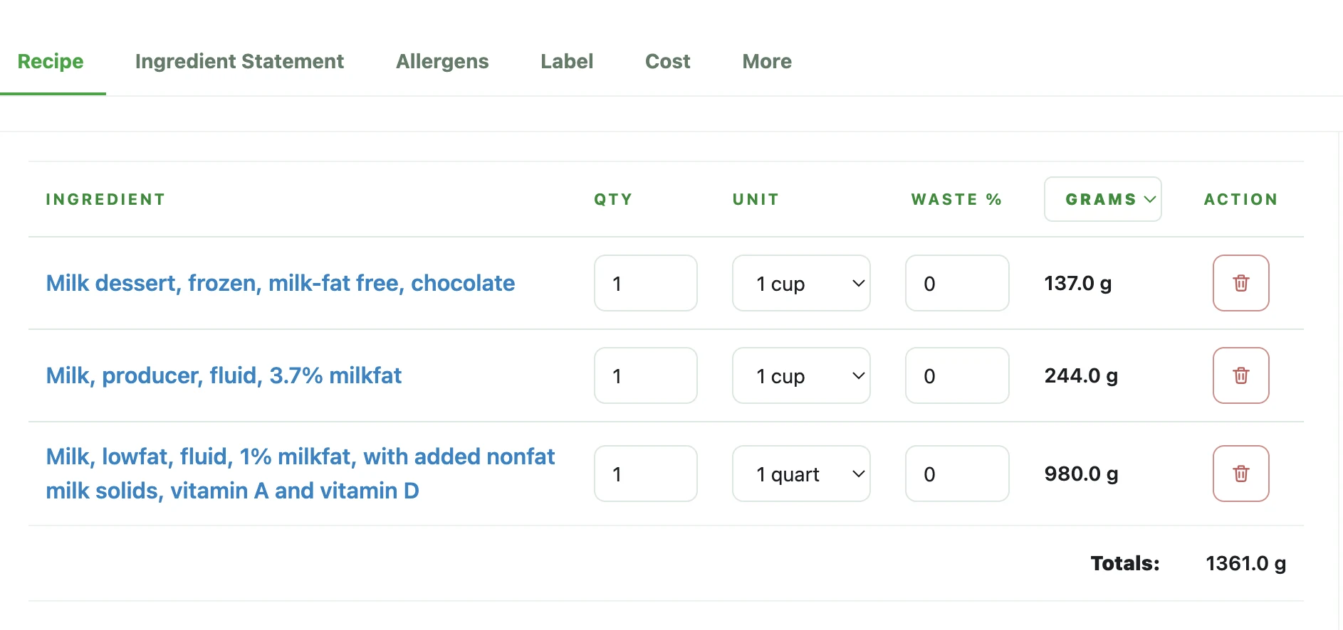 Cropped recipe-side view from the workspace showing ingredient inputs.