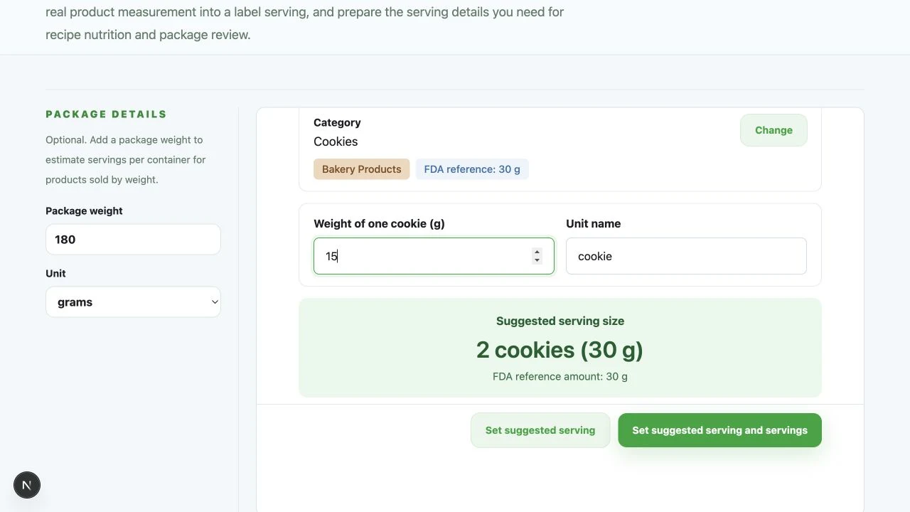 FDA Serving Size Finder showing a Cookies category, a 15 gram cookie measurement, a suggested serving of two cookies, and a 180 gram package weight.