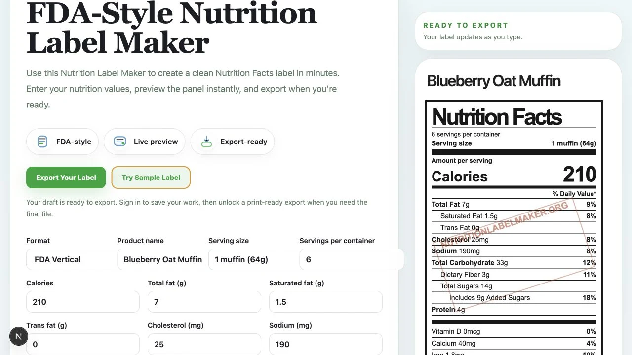 Free Nutrition Label Generator showing an FDA Vertical preview for a sample blueberry oat muffin label.