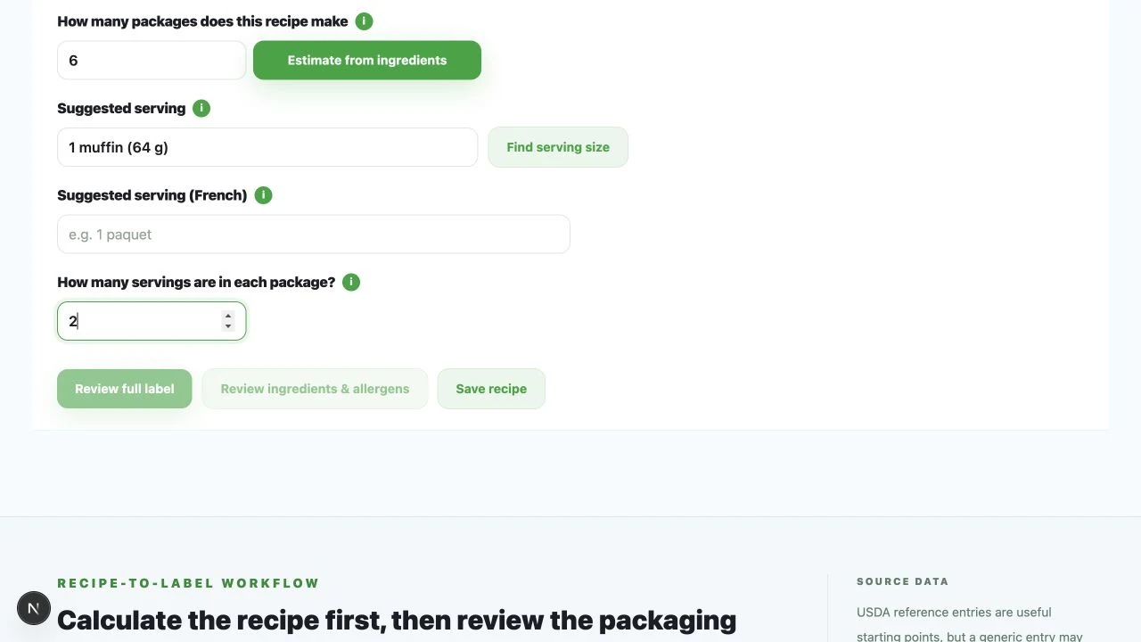 Recipe Nutrition Calculator package details with package count, serving label, and servings per package.