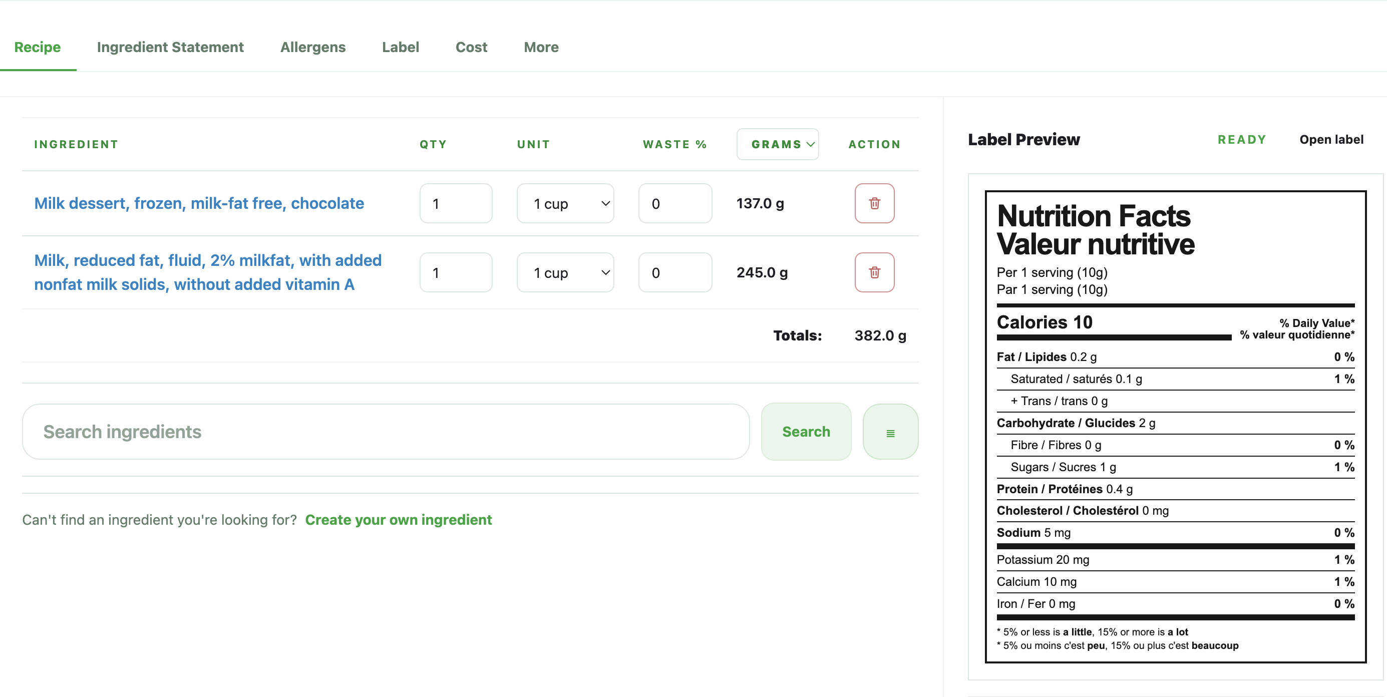 Nutrition label generator workflow showing recipe ingredients beside the live label preview.