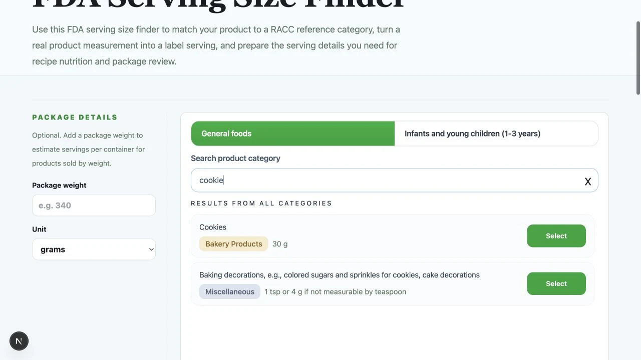 FDA Serving Size Finder showing a category search for cookies and the 30 gram reference amount.